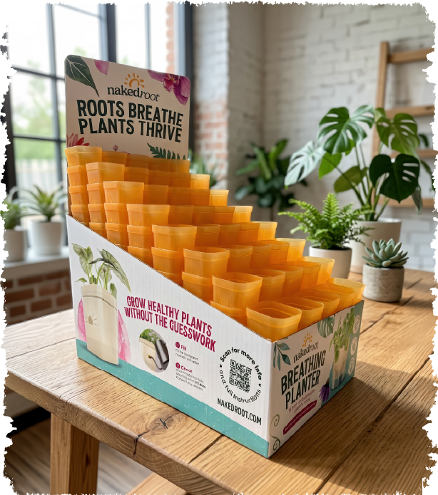 Naked Root branded retail display box on a counter