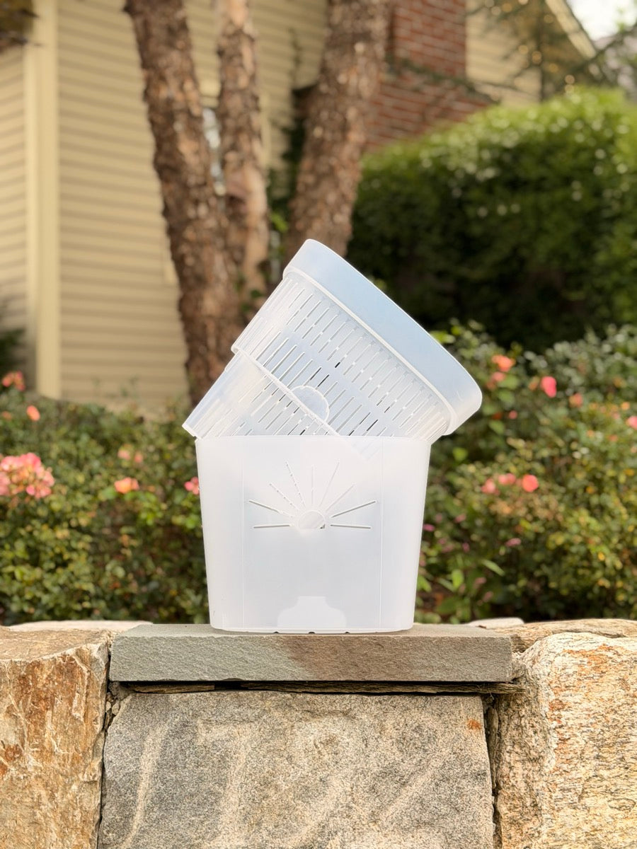 12" Transparent Clearly Earth planter with the slotted inner pot lifted out, on a stone wall